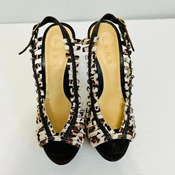 L.A.M.B. LAMB STRAPPY SLINGBACK LEATHER AND FUR STILLETO HIGH HEELS - Picture 2 of 10